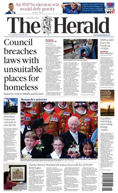 The Herald Newspaper Front Page (UK) for 18 April 2025