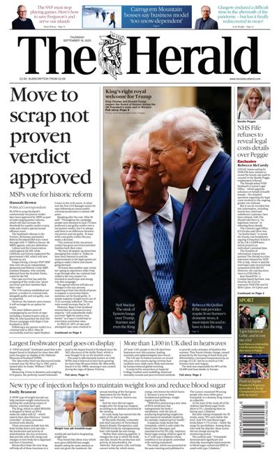 The Herald Newspaper Front Page (UK) for 18 September 2025