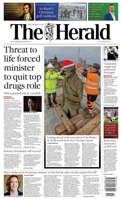 The Herald Newspaper Front Page (UK) for 19 December 2025