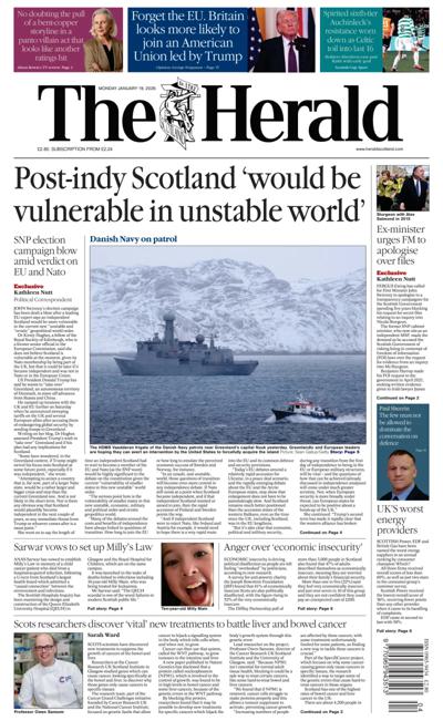 The Herald Newspaper Front Page (UK) for 19 January 2026