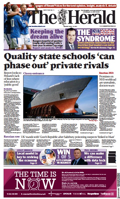 The Herald Newspaper Front Page (UK) for 19 April 2021