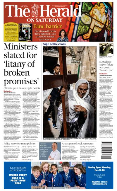The Herald Newspaper Front Page (UK) for 19 April 2025