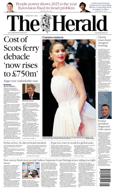 The Herald Newspaper Front Page (UK) for 19 May 2025