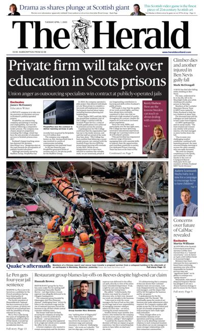 The Herald Newspaper Front Page (UK) for 1 April 2025