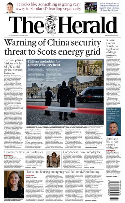 The Herald Newspaper Front Page (UK) for 20 October 2025
