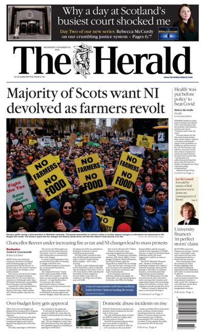 The Herald Newspaper Front Page (UK) for 20 November 2024