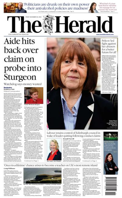 The Herald Newspaper Front Page (UK) for 20 December 2024