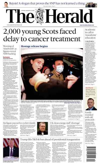 The Herald Newspaper Front Page (UK) for 20 January 2025