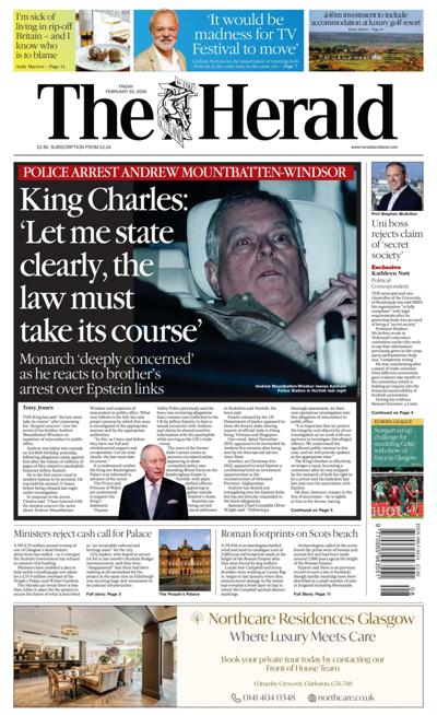 The Herald Newspaper Front Page (UK) for 20 February 2026