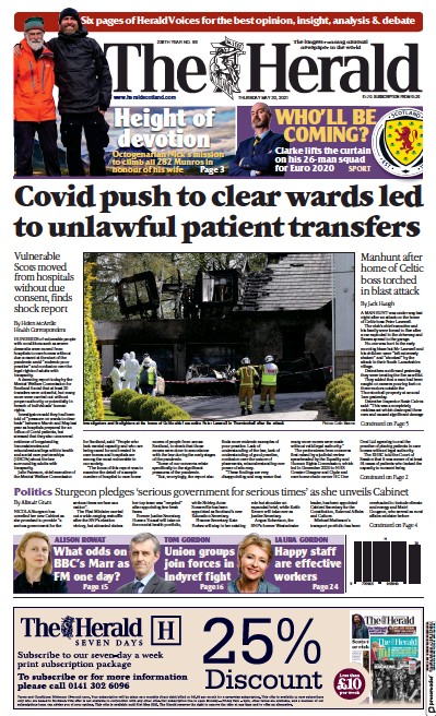 The Herald Newspaper Front Page (UK) for 20 May 2021