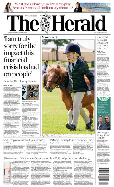 The Herald Newspaper Front Page (UK) for 20 June 2025