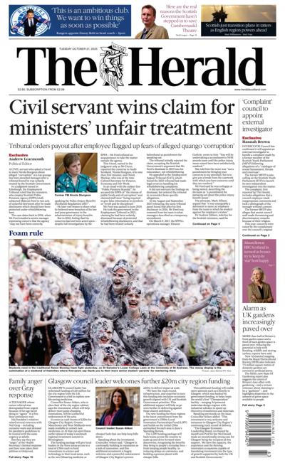 The Herald Newspaper Front Page (UK) for 21 October 2025