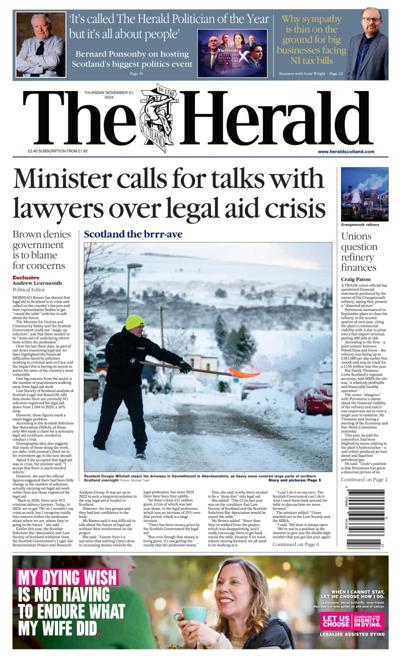 The Herald Newspaper Front Page (UK) for 21 November 2024