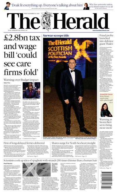 The Herald Newspaper Front Page (UK) for 22 November 2024