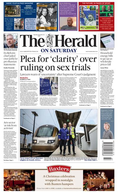 The Herald Newspaper Front Page (UK) for 22 November 2025