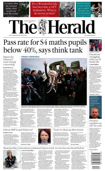 The Herald Newspaper Front Page (UK) for 22 December 2025