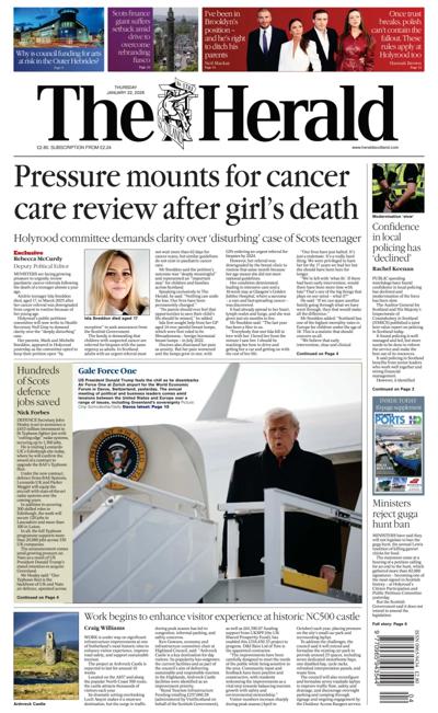 The Herald Newspaper Front Page (UK) for 22 January 2026