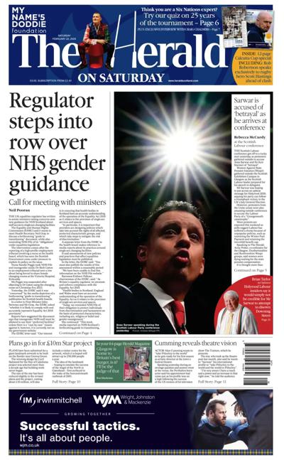 The Herald Newspaper Front Page (UK) for 22 February 2025