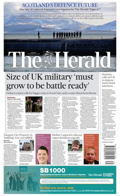 The Herald Newspaper Front Page (UK) for 22 September 2025