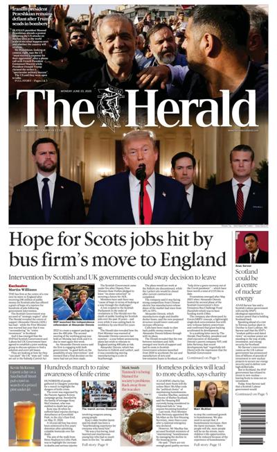 The Herald Newspaper Front Page (UK) for 23 June 2025