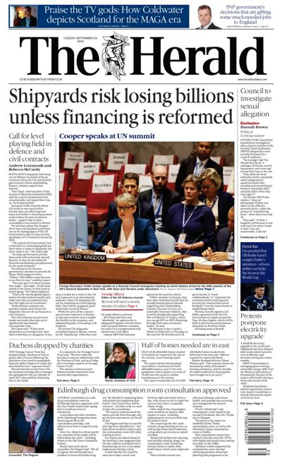 The Herald Newspaper Front Page (UK) for 23 September 2025