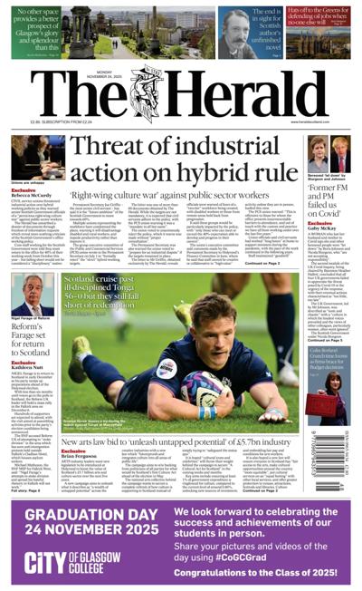 The Herald Newspaper Front Page (UK) for 24 November 2025