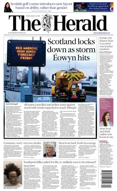 The Herald Newspaper Front Page (UK) for 24 January 2025