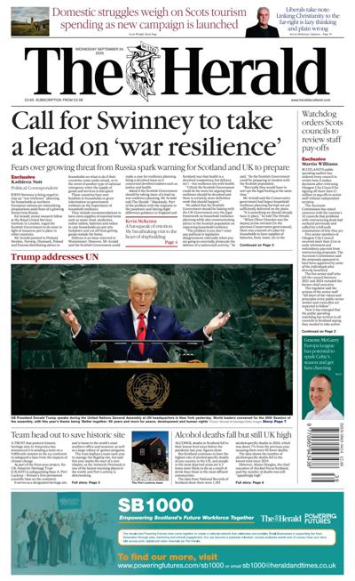 The Herald Newspaper Front Page (UK) for 24 September 2025