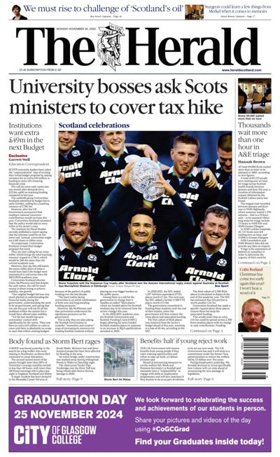 The Herald Newspaper Front Page (UK) for 25 November 2024