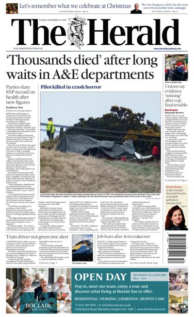 The Herald Newspaper Front Page (UK) for 25 December 2024