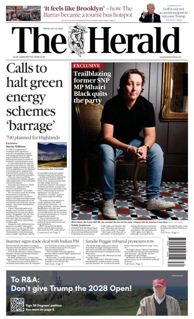 The Herald Newspaper Front Page (UK) for 25 July 2025