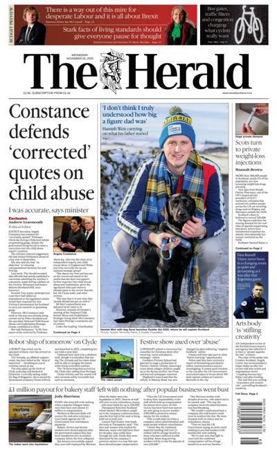 The Herald Newspaper Front Page (UK) for 26 November 2025