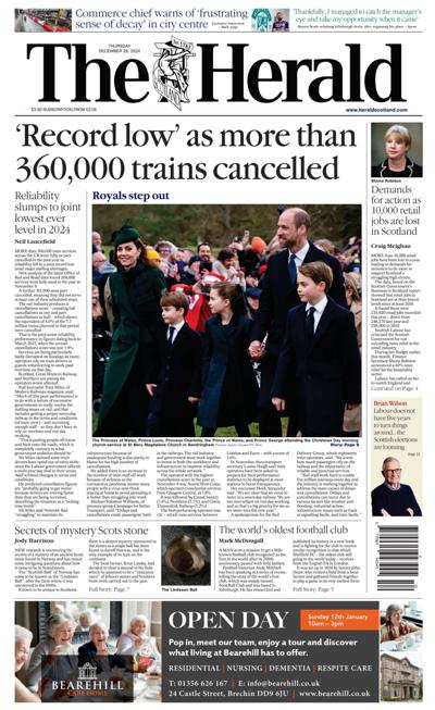 The Herald Newspaper Front Page (UK) for 26 December 2024