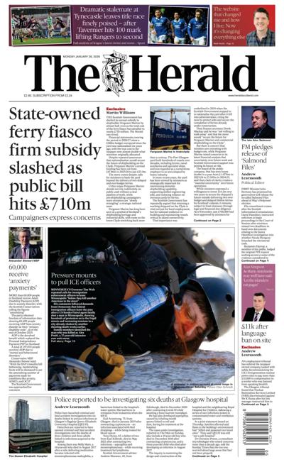 The Herald Newspaper Front Page (UK) for 26 January 2026