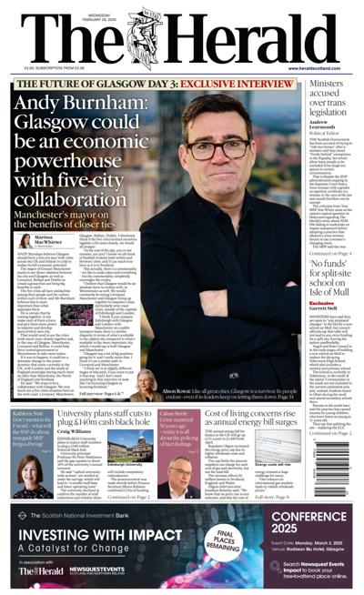 The Herald Newspaper Front Page (UK) for 26 February 2025