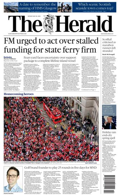 The Herald Newspaper Front Page (UK) for 26 May 2025