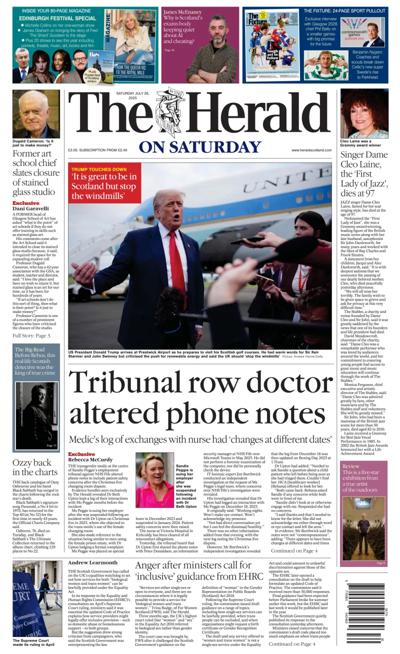 The Herald Newspaper Front Page (UK) for 26 July 2025