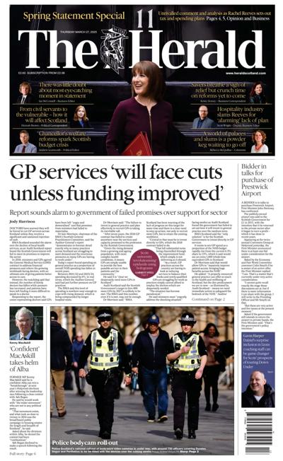 The Herald Newspaper Front Page (UK) for 27 March 2025
