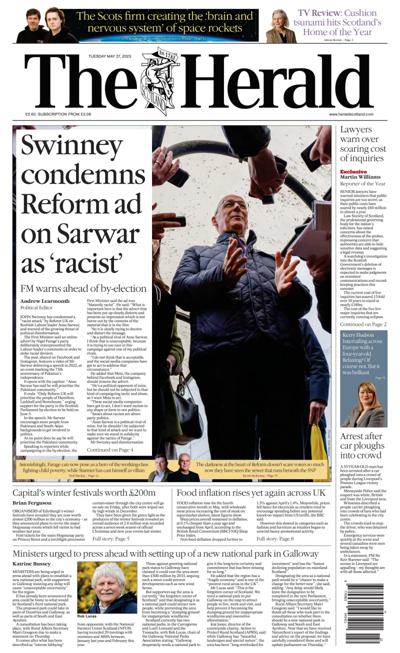 The Herald Newspaper Front Page (UK) for 27 May 2025