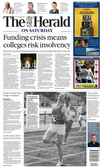 The Herald Newspaper Front Page (UK) for 27 September 2025