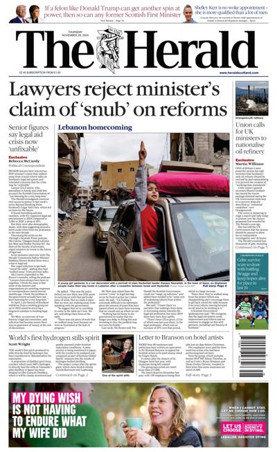 The Herald Newspaper Front Page (UK) for 28 November 2024