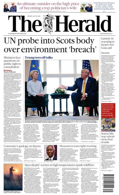 The Herald Newspaper Front Page (UK) for 28 July 2025