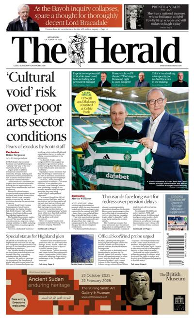 The Herald Newspaper Front Page (UK) for 29 October 2025