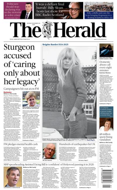 The Herald Newspaper Front Page (UK) for 29 December 2025