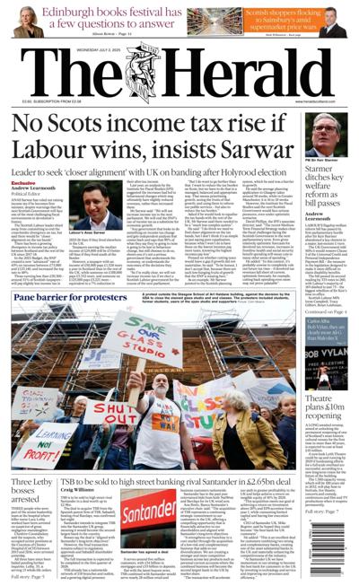 The Herald Newspaper Front Page (UK) for 2 July 2025