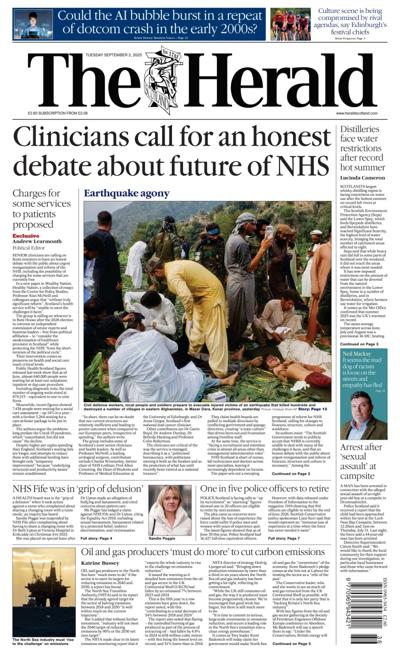 The Herald Newspaper Front Page (UK) for 2 September 2025