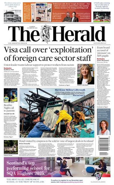 The Herald Newspaper Front Page (UK) for 30 October 2025