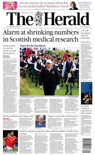 The Herald Newspaper Front Page (UK) for 30 July 2025