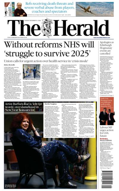 The Herald Newspaper Front Page (UK) for 31 December 2024