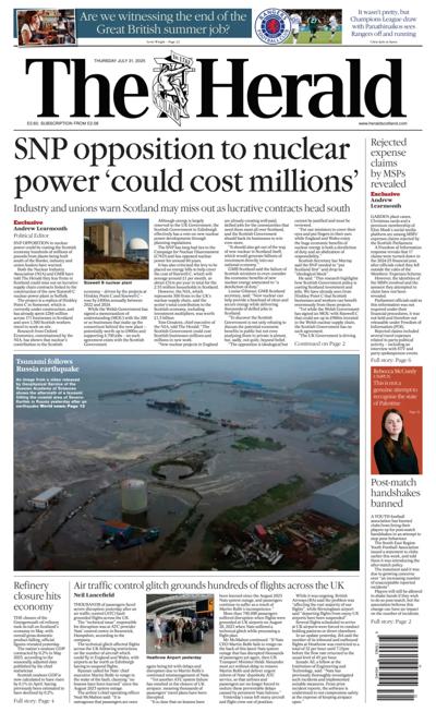 The Herald Newspaper Front Page (UK) for 31 July 2025